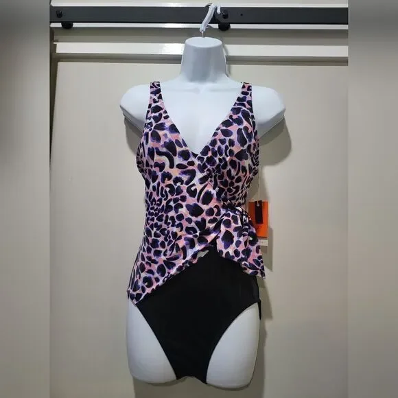 Freely faux wrap, sash, one piece swimsuit NWT size small leopard pink and black - Picture 2 of 4